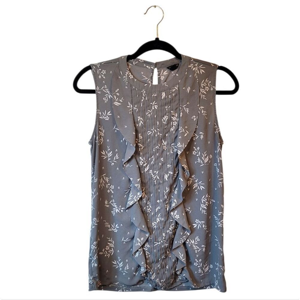 Ann Taylor Light Grey Floral Ruffle Blouse Size S